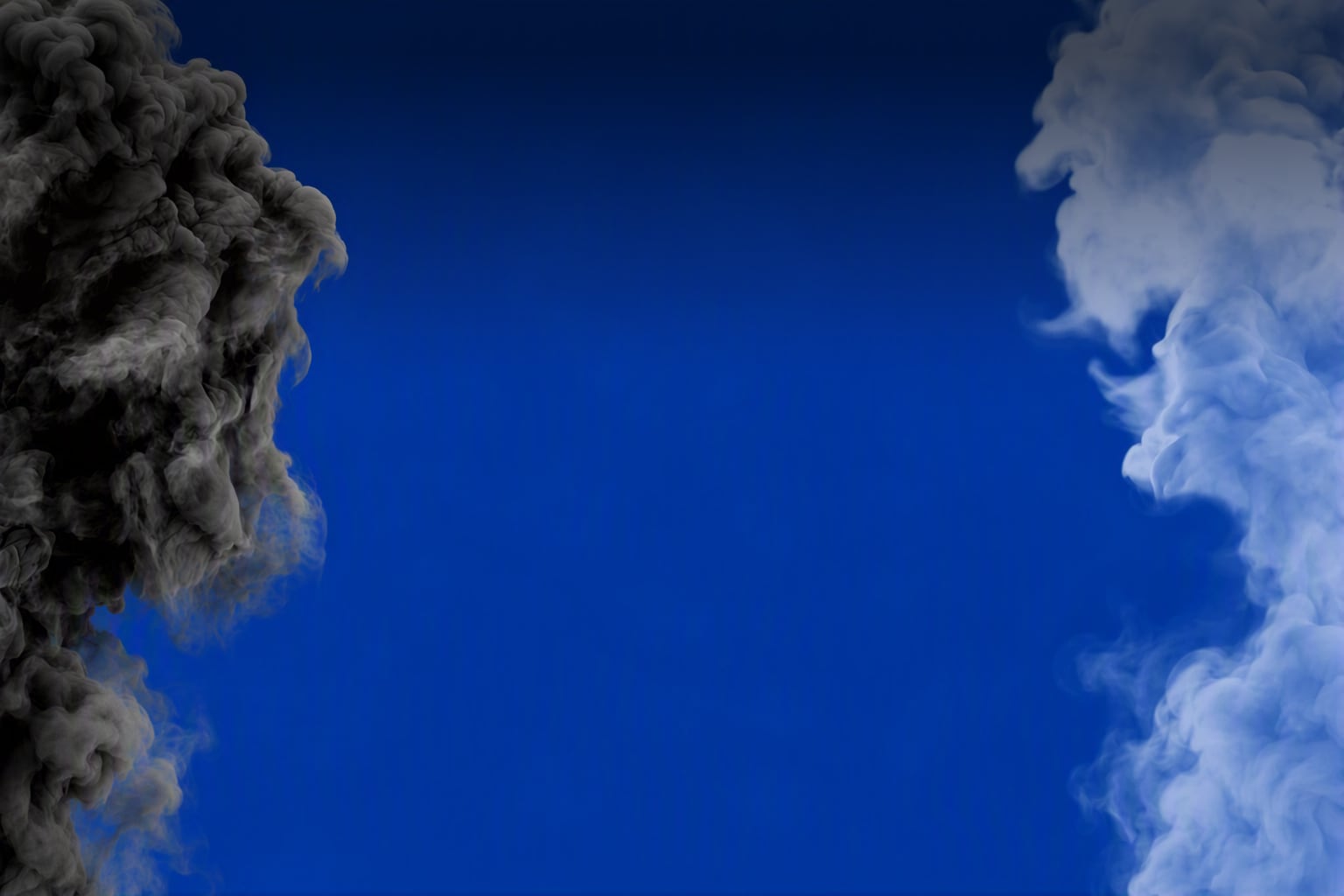 Illustration showing black smoke on one side and white aerosol on the other against a blue background.