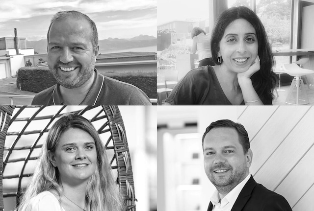 Four headshots of PMI employees, in black and white.