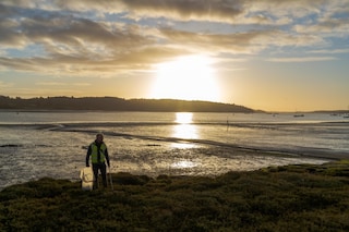 A man collecting litter on a beach at sunset.