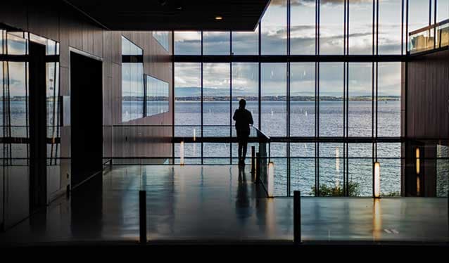 Silhouette of woman in a building overlooking a lake