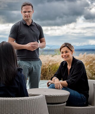 Work colleagues talking outside