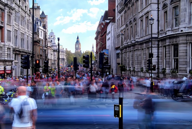 Crowds of people in Whitehall, Westminster, London