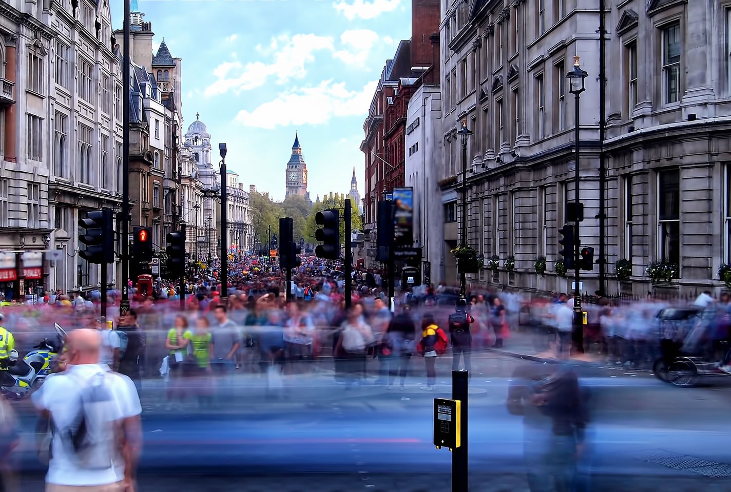 Crowds of people in Whitehall, Westminster, London