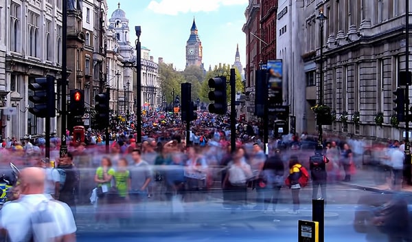 Crowds of people in Whitehall, Westminster, London