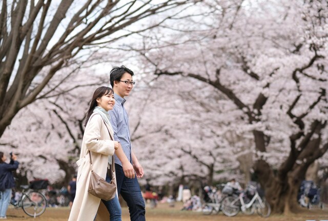Japanese couple walking in park