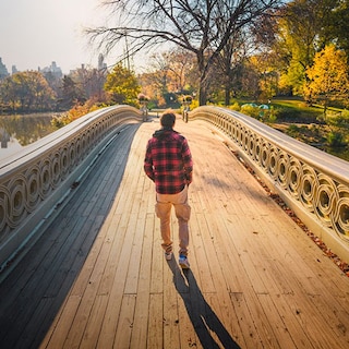 Man walking across a bridge in a park