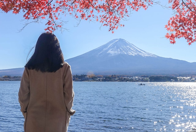 Woman looking at mountain in Japan