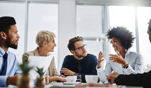 Mixed group of employees talking in a meeting