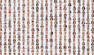 A gallery of employee headshots taken from the cover of Philip Morris International’s Integrated Report 2020.