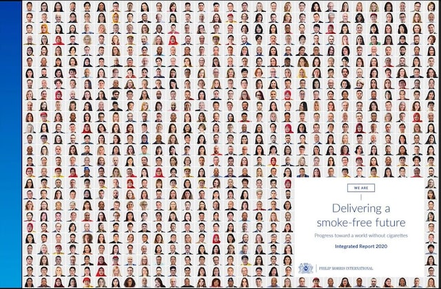 The cover of Philip Morris International’s Integrated Report 2020, showing a gallery of employee headshots.