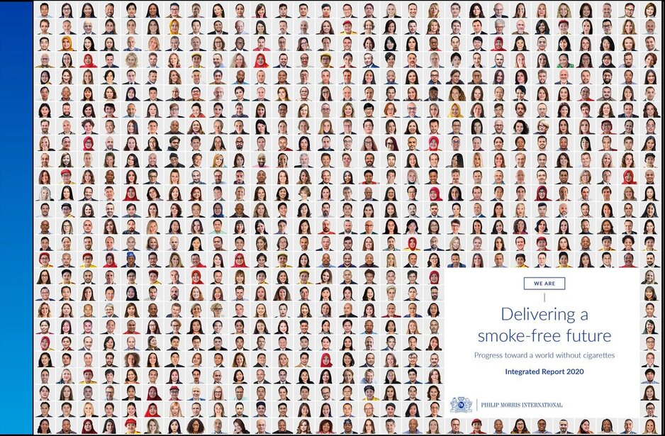 The cover of Philip Morris International’s Integrated Report 2020, showing a gallery of employee headshots.