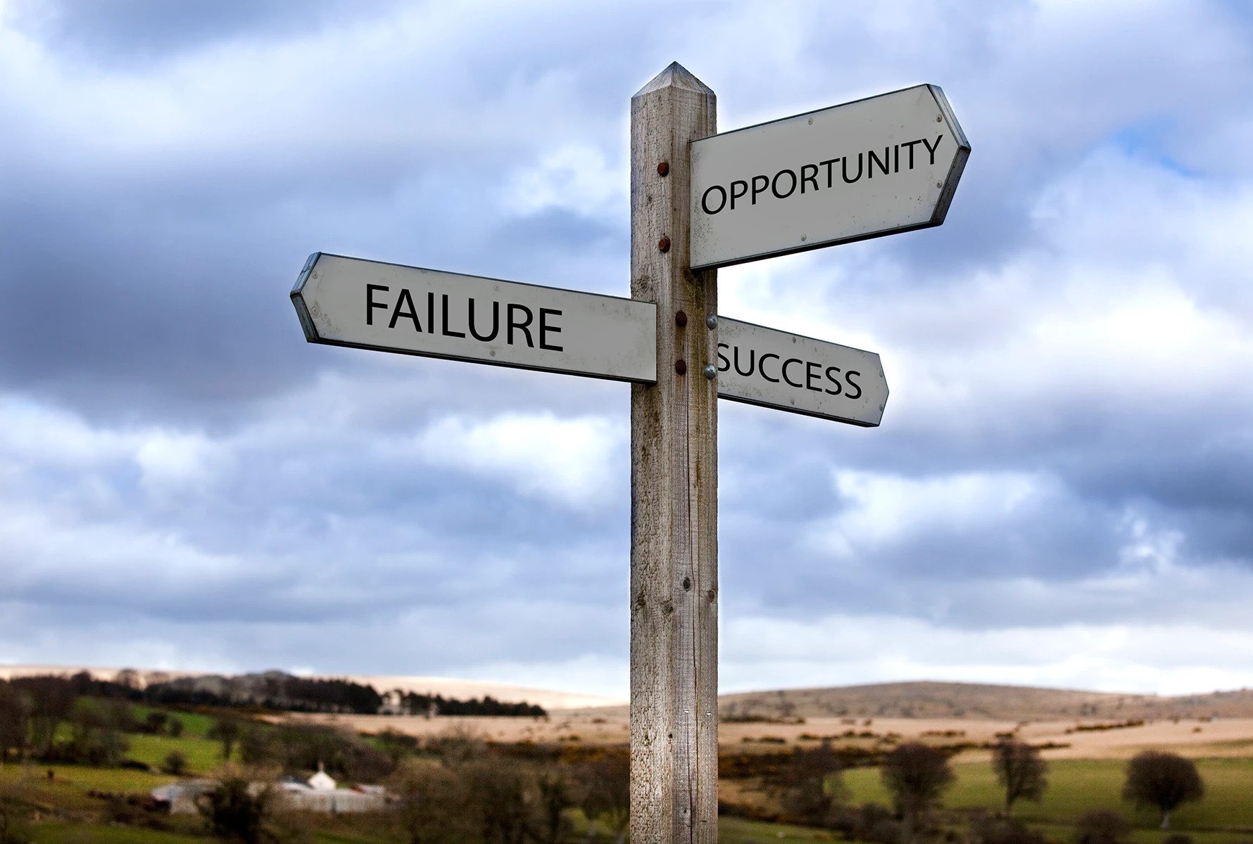 Three way sign with motivational messages, failure, opportunity and success.