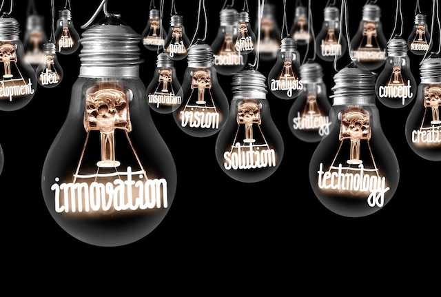 Multiple lightbulbs with innovation written inside
