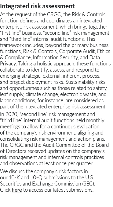 Integrated risk assessment At the request of the CRGC, the Risk & Controls function defines and coordinates an integr   