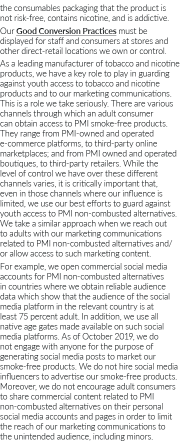 the consumables packaging that the product is not risk-free, contains nicotine, and is addictive  Our Good Conversion   
