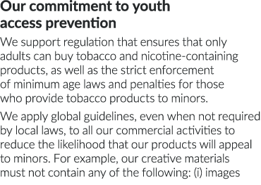 Our commitment to youth access prevention We support regulation that ensures that only adults can buy tobacco and nic   
