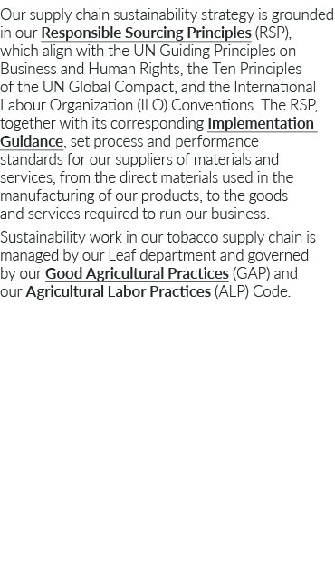 Our supply chain sustainability strategy is grounded in our Responsible Sourcing Principles (RSP), which align with t   