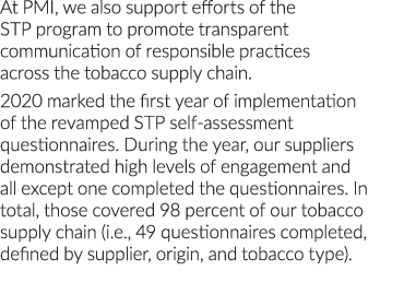 At PMI, we also support efforts of the STP program to promote transparent communication of responsible practices acro   