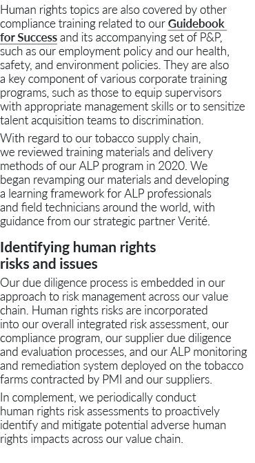 Human rights topics are also covered by other compliance training related to our Guidebook for Success and its accomp   