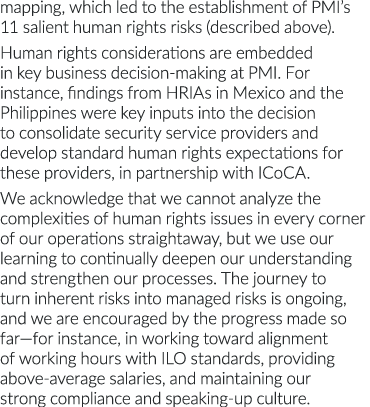 mapping, which led to the establishment of PMI s 11 salient human rights risks (described above)  Human rights consid   