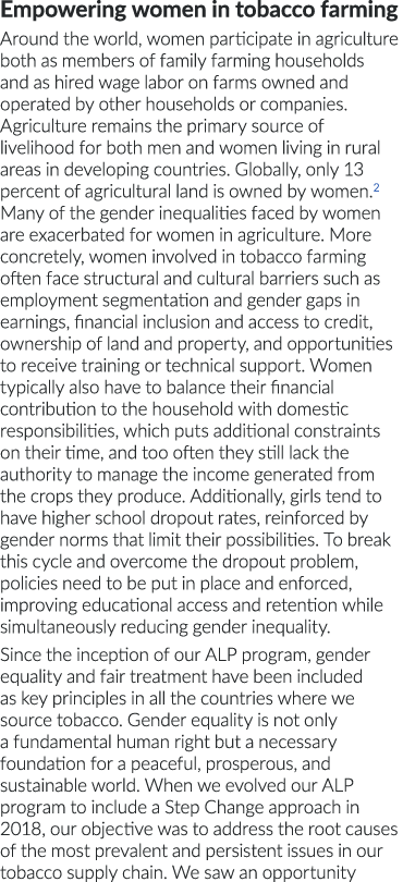 Empowering women in tobacco farming Around the world, women participate in agriculture both as members of family farm   