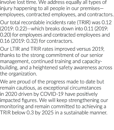involve lost time  We address equally all types of injury happening to all people in our premises—employees, contract   
