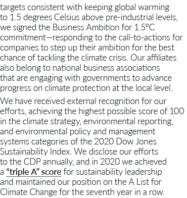 targets consistent with keeping global warming to 1 5 degrees Celsius above pre-industrial levels, we signed the Busi   