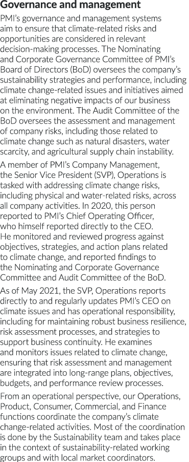 Governance and management PMI s governance and management systems aim to ensure that climate-related risks and opport   