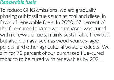 Renewable fuels To reduce GHG emissions, we are gradually phasing out fossil fuels such as coal and diesel in favor o   