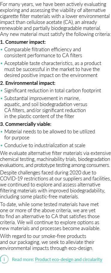For many years, we have been actively evaluating exploring and assessing the viability of alternative cigarette filte   