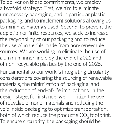 To deliver on these commitments, we employ a twofold strategy: First, we aim to eliminate unnecessary packaging, and    