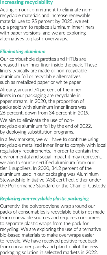 Increasing recyclability Acting on our commitment to eliminate non-recyclable materials and increase renewable materi   