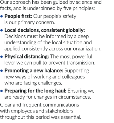 Our approach has been guided by science and facts, and is underpinned by five principles:   People first: Our people    