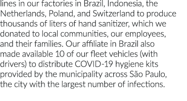 lines in our factories in Brazil, Indonesia, the Netherlands, Poland, and Switzerland to produce thousands of liters    